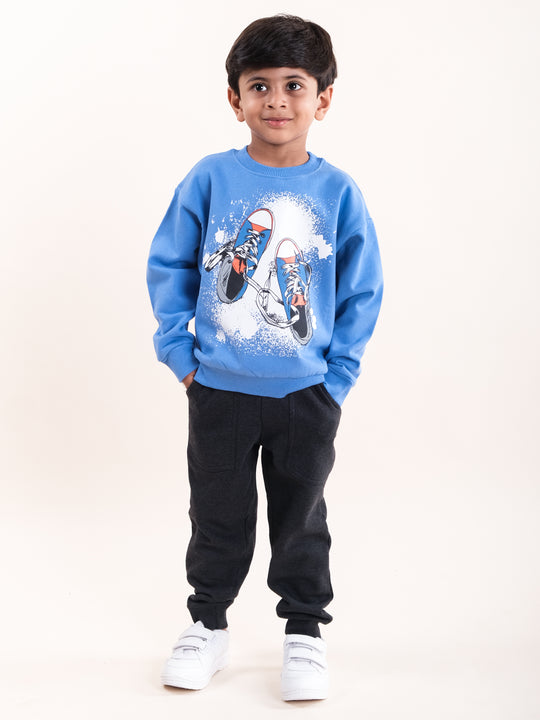 Boys Fleece Printed Round Neck Sweatshirt With Solid Track Pant Set