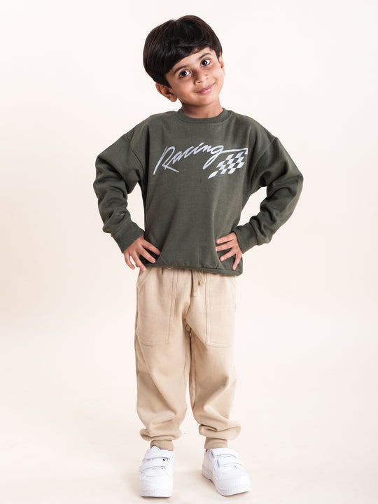 Boys Fleece Printed Round Neck Sweatshirt With Solid Track Pant Set