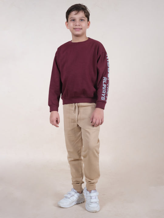 Boys Fleece Full Sleeves Text Printed Sweatshirt With Jogger