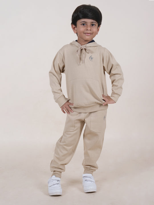 Boys Fleece Full Sleeves Solid Hooded Sweatshirt With Jogger