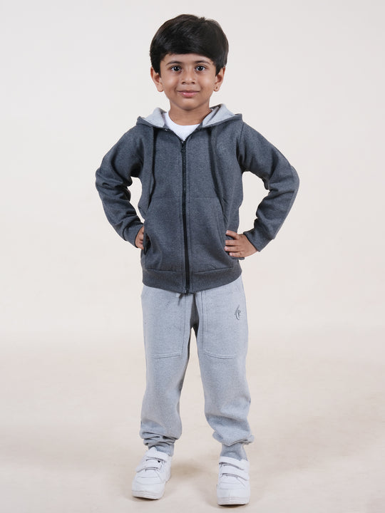 Boys Fleece Full Sleeves Zip Up Hooded Sweatshirt With Jogger