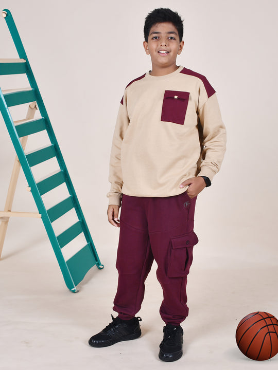 Boys Fleece Full Sleeves Pocket Detailed Cut & Sew Sweatshirts With Joggers Set