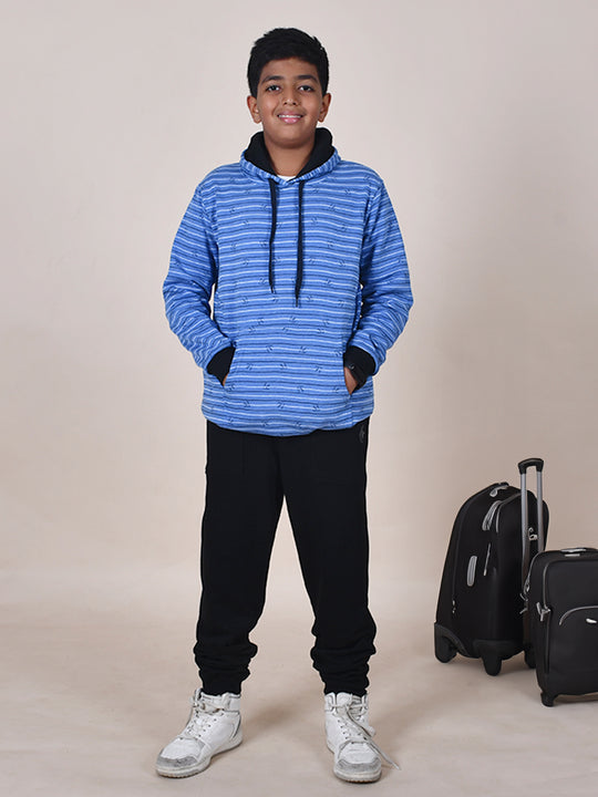 Boys Fleece Full Sleeves Striped Hooded Sweatshirt With Joggers Set