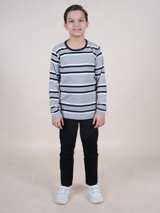 Boys Cotton Full Sleeves Striped T-Shirt With Jeans