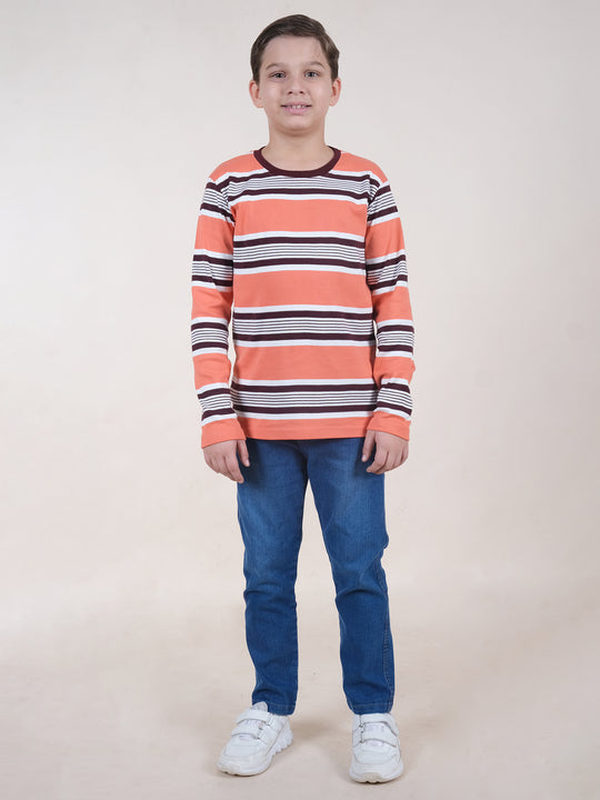 Boys Cotton Full Sleeves Striped T-Shirt With Jeans