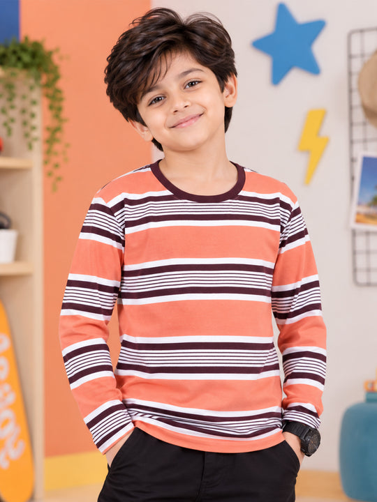 Kiddopanti Boys Cotton Knit Classic Horizontal Striped Full Sleeve T-Shirt
