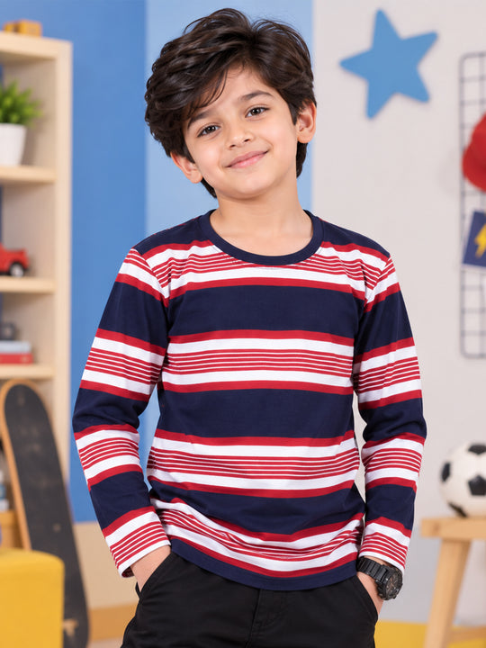 Kiddopanti Boys Cotton Knit Classic Horizontal Striped Full Sleeve T-Shirt