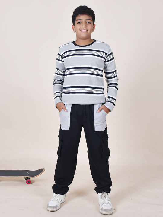 Boys Cotton Full Sleeves Striped Tee With Joggers Set