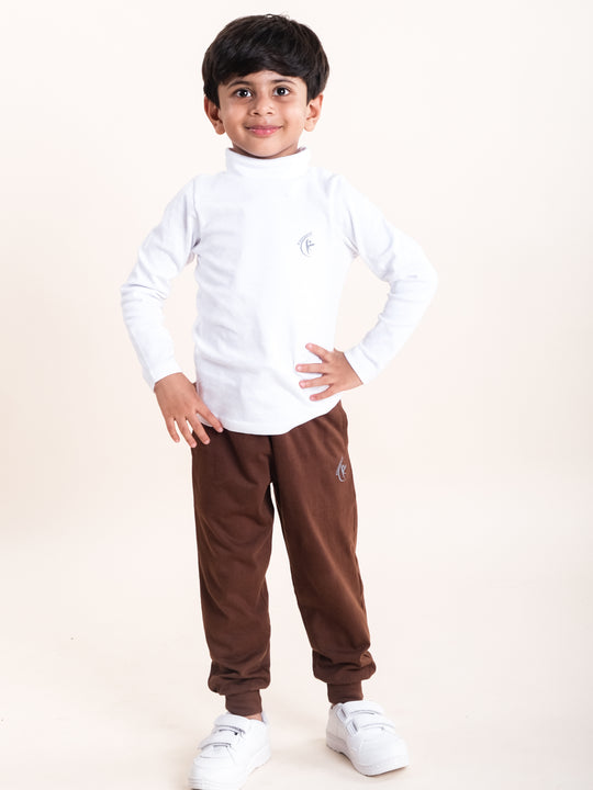 Boys Cotton Solid Turtle Neck Full Sleeve Tee With Track Pant Set