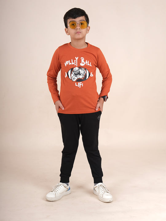 Boys Cotton Full Sleeves Printed Tee With Joggers Set