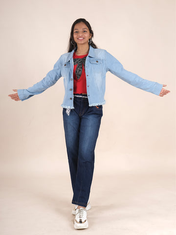 Girls Denim Short Jacket With Owl Applique - Main Image