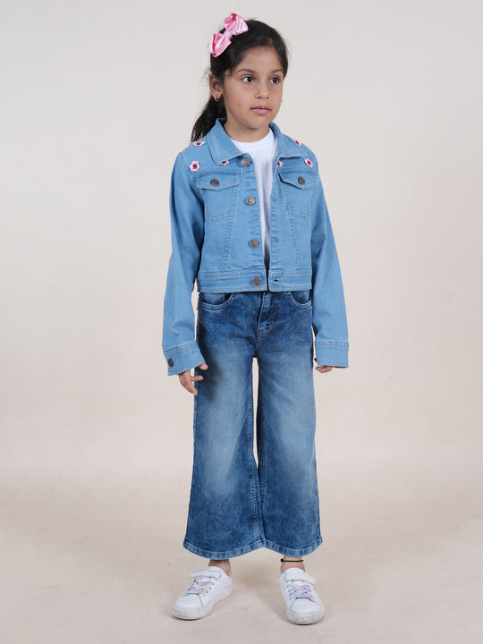 Girls Cotton Solid Tee & Fleared Jeans With Full Sleeves Patch Detailed Crop Length Denim Jacket Set