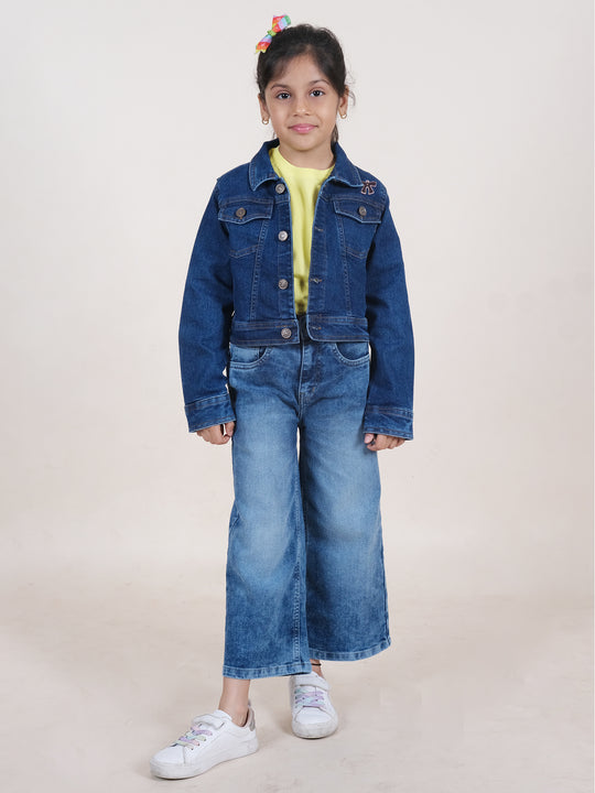 Girls Cotton Solid Tee & Fleared Jeans With Full Sleeves Patch Detailed Crop Length Denim Jacket Set