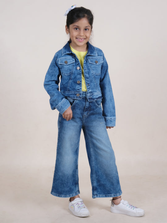 Girls Cotton Solid Tee & Flared Jeans With Full Sleeves Crop Length Denim Jacket Set