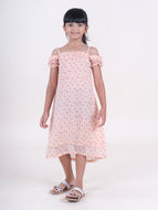 Cold Shoulder Half Sleeves Club Print Dress - Peach / 3-4Y