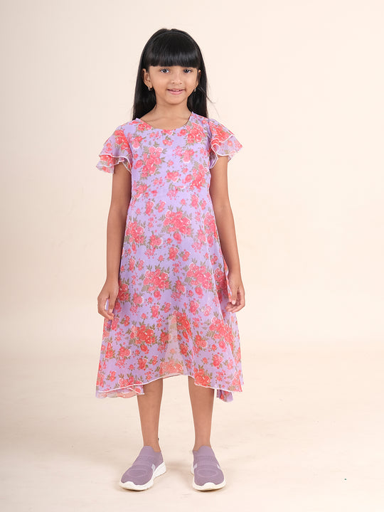 Frill Sleeves Floral Print A Line Flared Dress