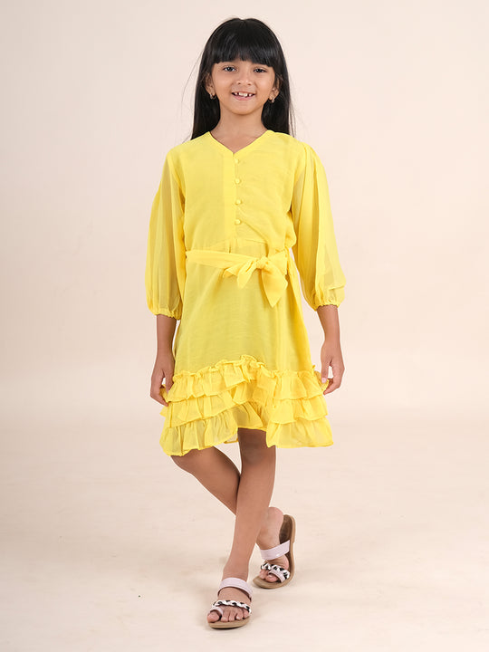 Three Fourth Sleeves Solid Ruffle Detail Dress