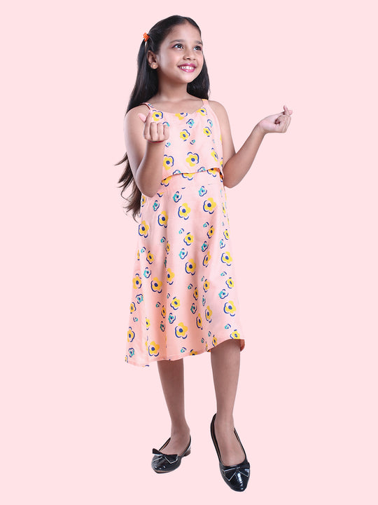 Girls Rayon Printed Layered Dress With Strap