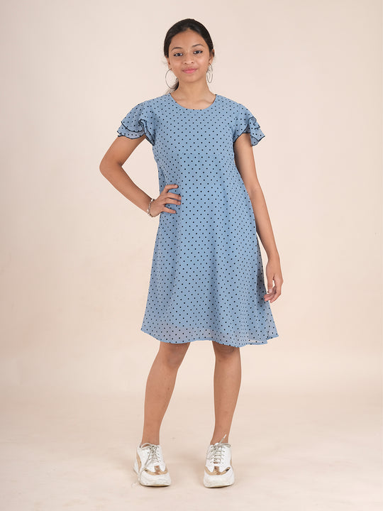 Bell Frill Sleeves Polka Dot Printed Dress