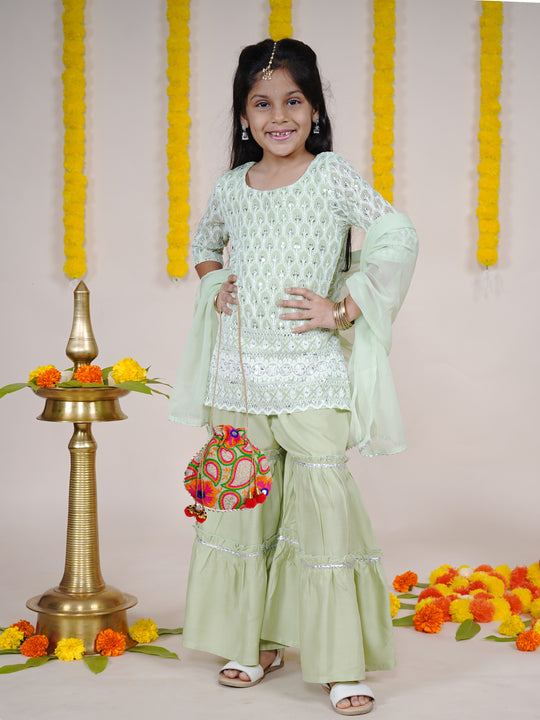 Girls Three Fourth Sleeves Chikankari Embroidered Sequins Embellished Kurta Sharara Dupatta With Potli Set