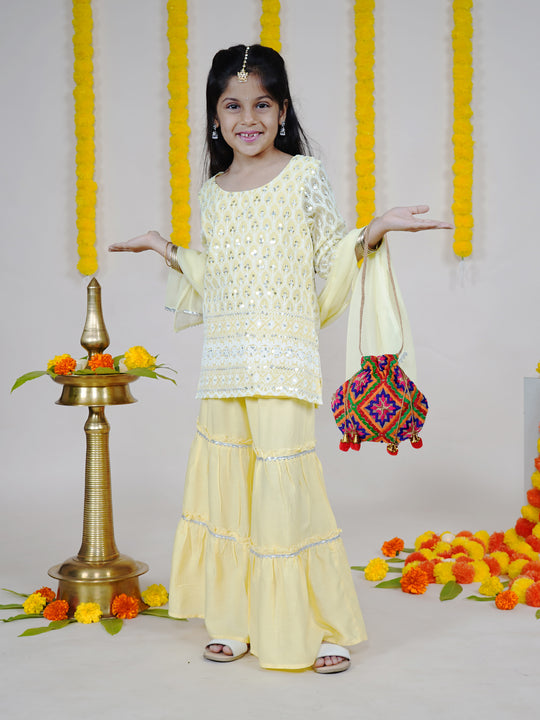 Girls Three Fourth Sleeves Chikankari Embroidered Sequins Embellished Kurta Sharara Dupatta With Potli Set