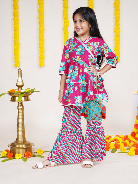 Girls Floral Printed Kurta With Geometric Printed Sharara & Potli Set