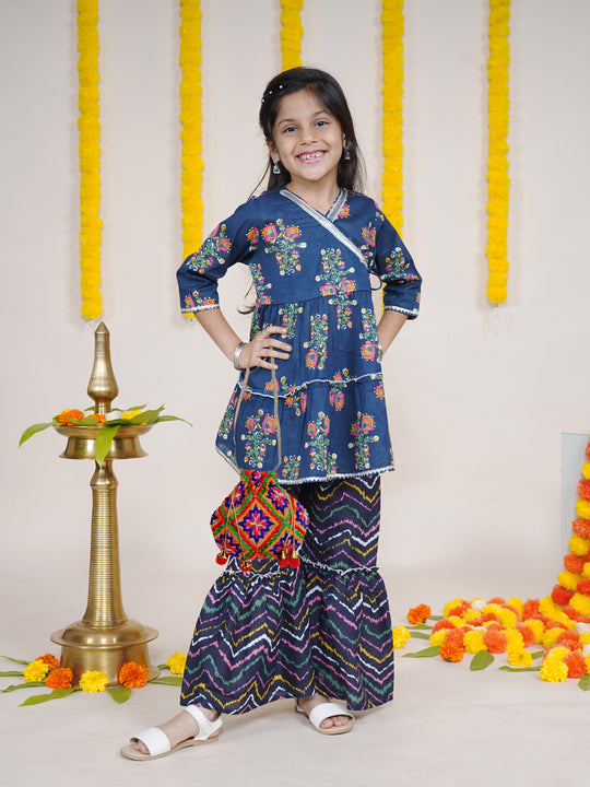 Girls Floral Printed Kurta With Geometric Printed Sharara & Potli Set