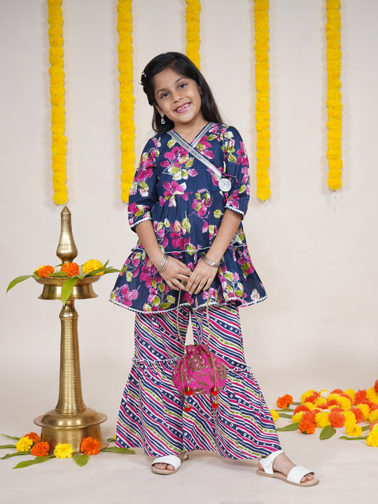 Girls Floral Printed Kurta With Geometric Printed Sharara & Potli Set