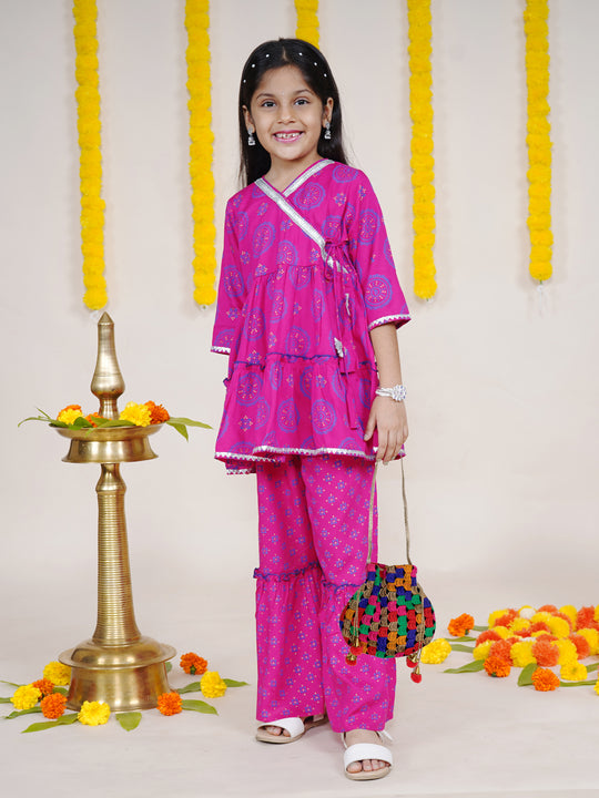 Girls Ethnic Motif Printed Kurta Sharara With Potli Set