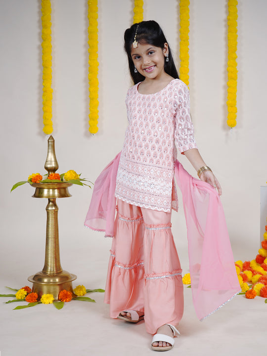 Girls 3/4th Sleeves Chikankari Embroidered Silver Sequin Embellished Kurta Sharara With Dupatta