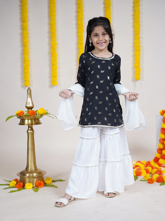 Girls 3/4th Sleeves Chikankari Embroidered Silver Sequin Embellished Kurta Sharara With Dupatta