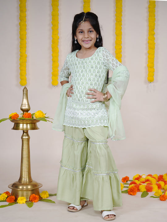 Girls 3/4th Sleeves Chikankari Embroidered Silver Sequin Embellished Kurta Sharara With Dupatta