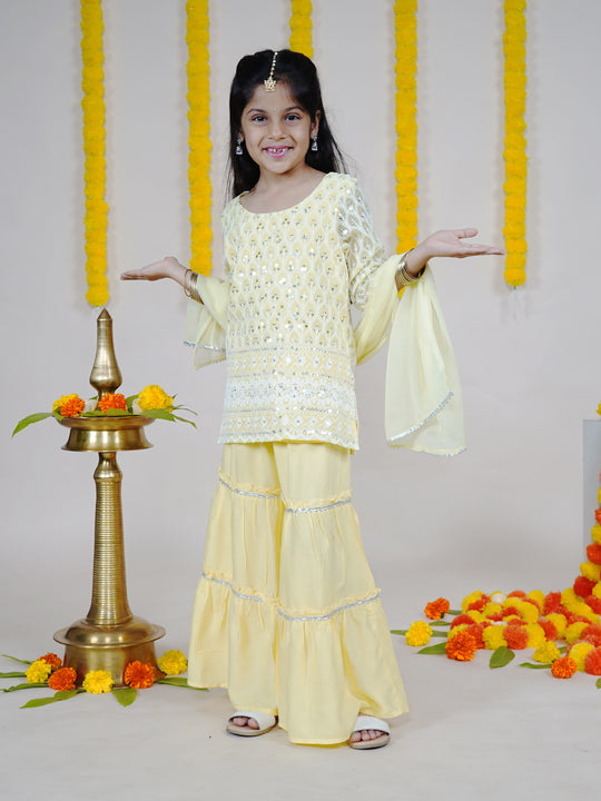 Girls 3/4th Sleeves Chikankari Embroidered Silver Sequin Embellished Kurta Sharara With Dupatta