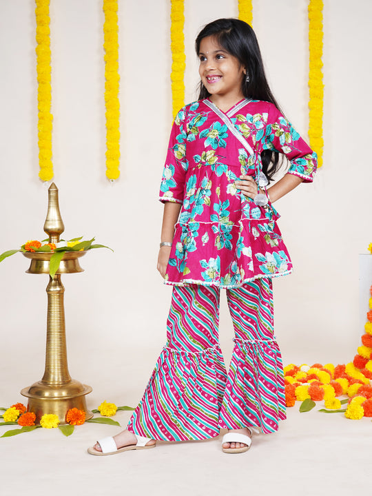 Girls 3/4th Sleeves Floral Printed Kurta With Geometric Printed Sharara