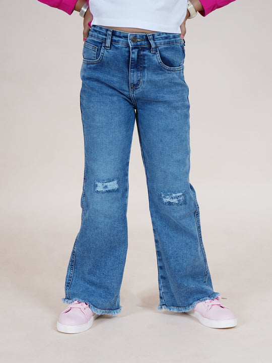 Girls Bottom Flared Knee Distress Stretchable Denim Jeans With Adjustable Elastic Waist