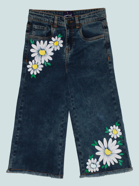 Girls Flared Jeans Pant With Flower Print