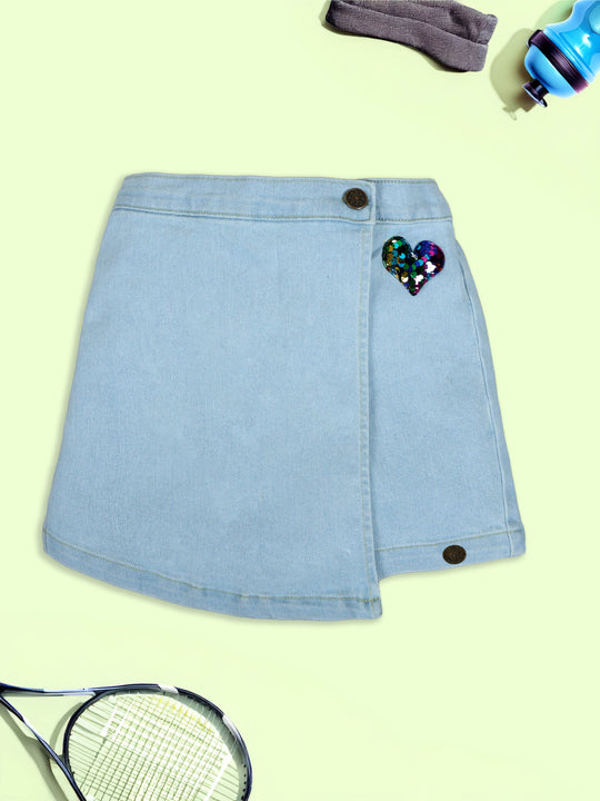 Girls Denim Over Lap Shorts With Sequin Heart Applique