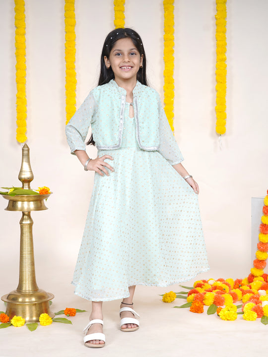 Girls Three Fourth Sleeves Golden Printed Kurta With Attached Jacket