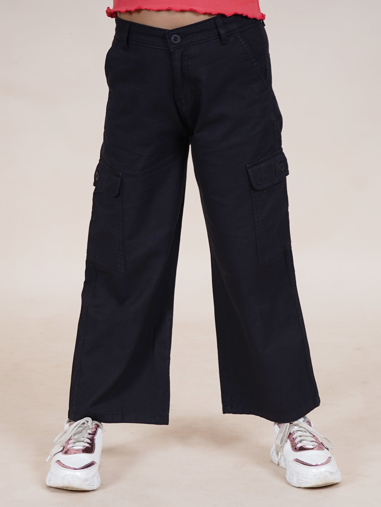 Girls Cotton Full Length Straight Fit Cargo Pant - Main Image