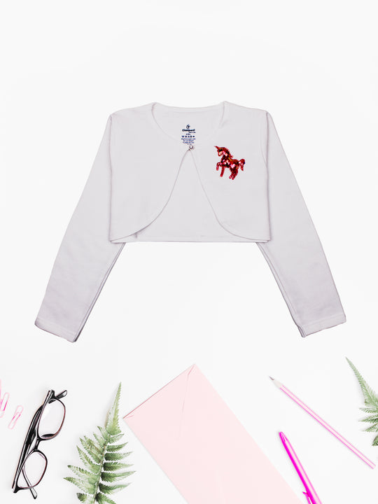 Girls Full Sleeves Unicorn Applique Detailed Crop Shrug