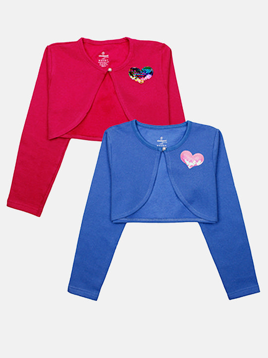 Girls Fleece Full Sleeves Pack of 2 Applique Detailed Crop Shrugs