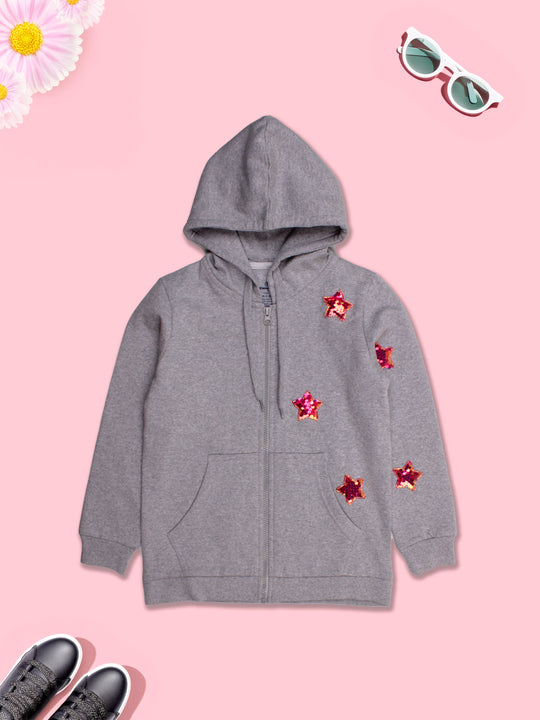 Girls Fleece Full Sleeves Heart Appliques Front Zip Opening Hooded Sweatshirt