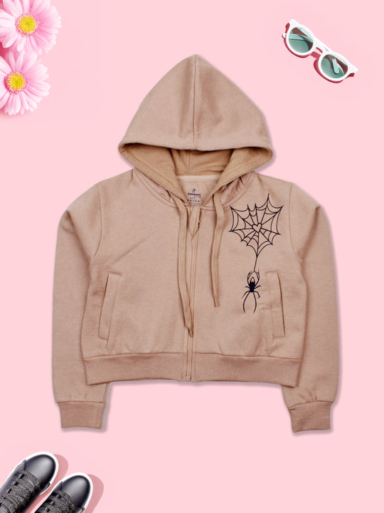 Girls Fleece Full Sleeves Spider Printed Front Zip Opening Crop Length Hooded Sweatshirt