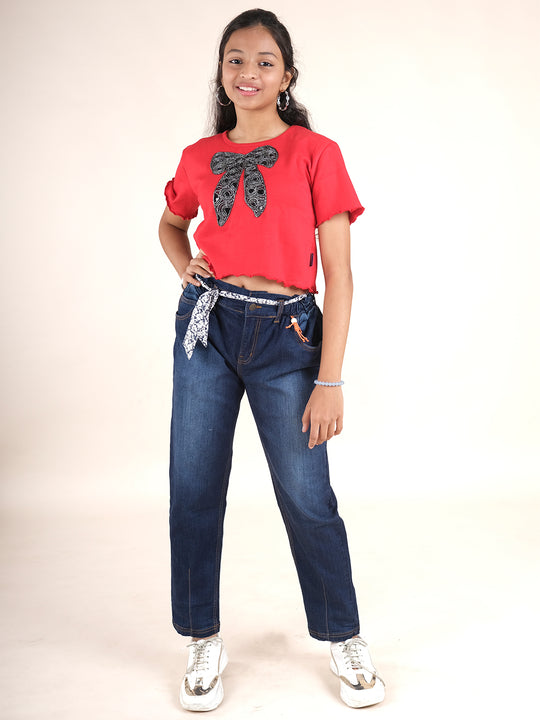 Girls Cotton Printed Crop Tee With Paper Bag Jeans & Belt Set