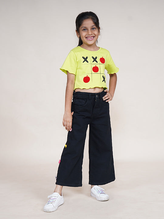 Girls Cotton Printed Crop Tee & Flared Jeans With Bow Applique Set