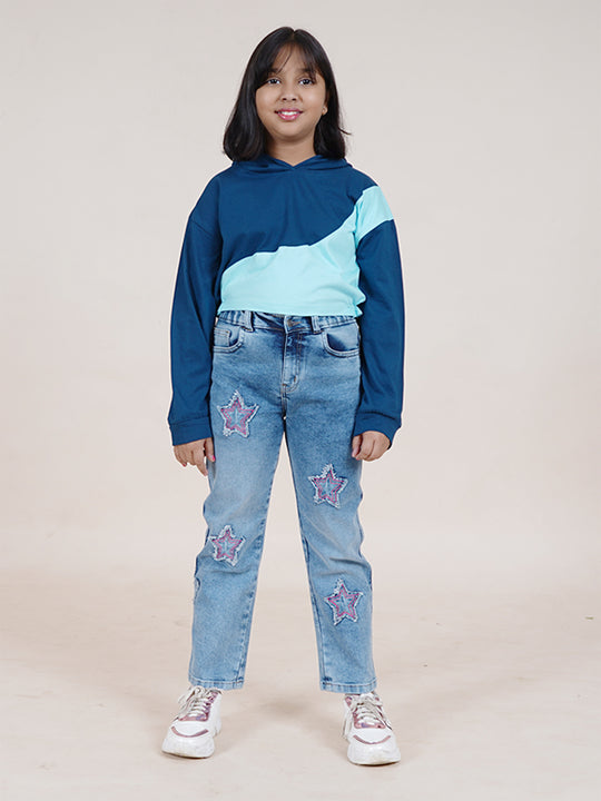 Girls Cotton Full Sleeves Hooded Crop Tee With Star Patch Washed Denim Jeans Set