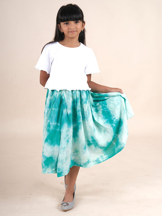 Girls Cotton Solid Crop Tee With Rayon Tie & Dye Flared Skirt Set