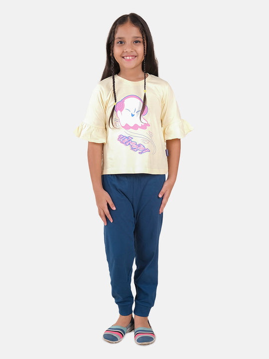 Girls Printed Frill Half Sleeve T-Shirt & Solid Track Pant Set