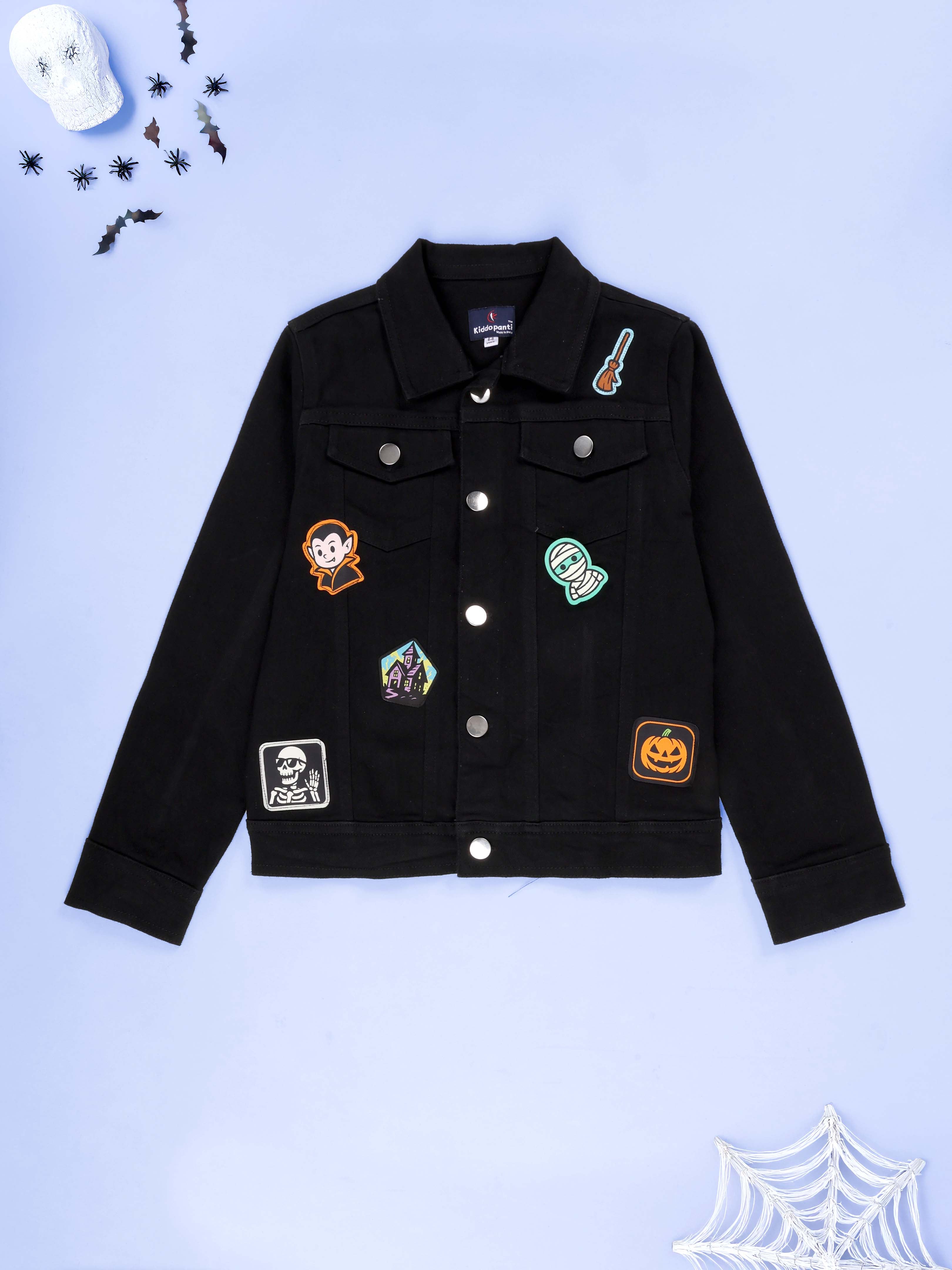 Kiddopanti Boys Denim Jacket With Halloween Theme Badges