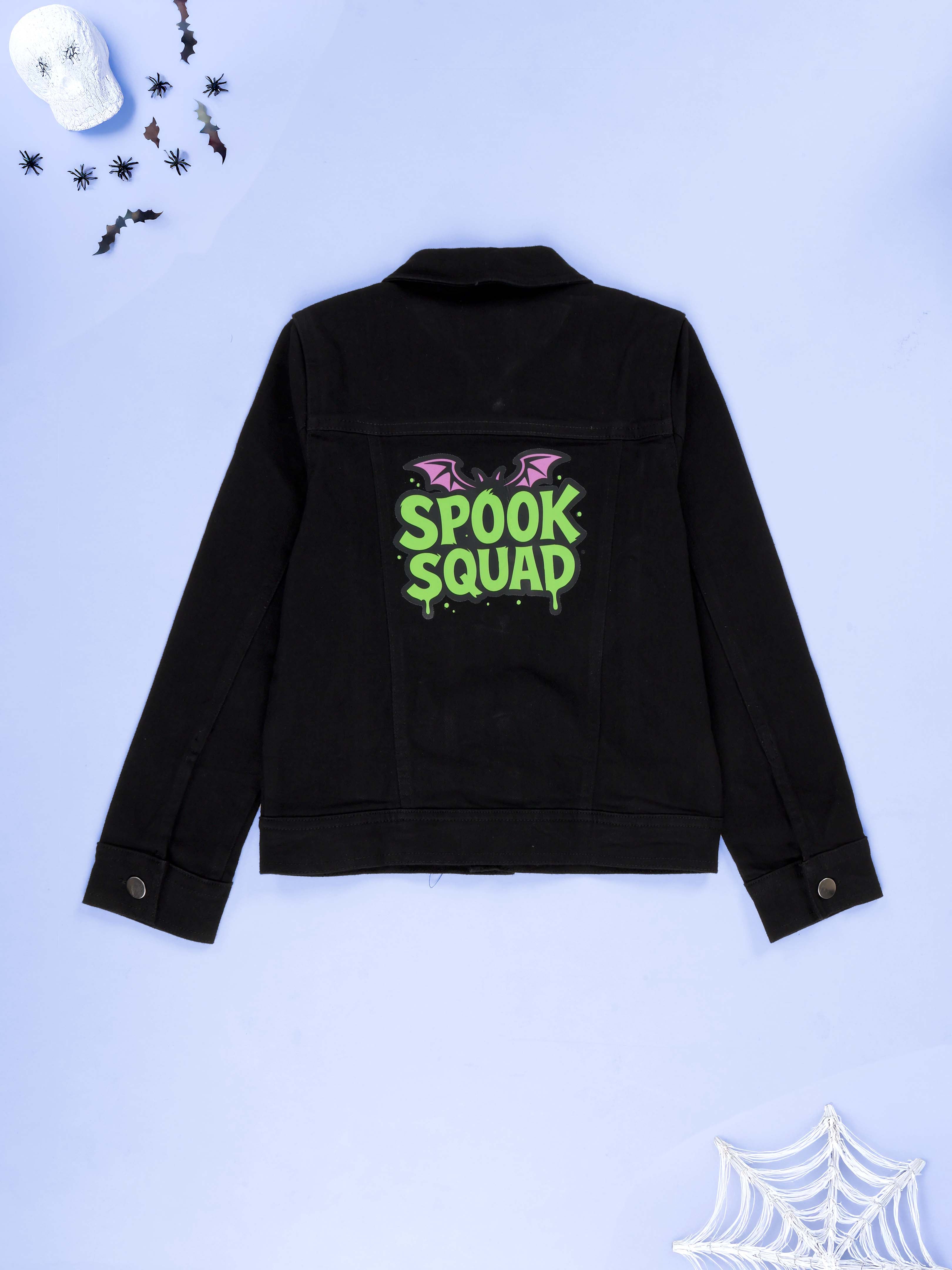 Kiddopanti Boys Denim Jacket With Halloween Theme Badges